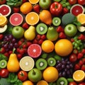 Assorted fresh ripe fruits and vegetables. Food concept background. Top view. Copy space Royalty Free Stock Photo