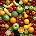 Assorted fresh ripe fruits and vegetables. Food concept background. Top view. Copy space Royalty Free Stock Photo