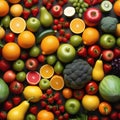 Assorted fresh ripe fruits and vegetables. Food concept background. Top view. Copy space Royalty Free Stock Photo