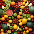 Assorted fresh ripe fruits and vegetables. Food concept background. Top view. Copy space Royalty Free Stock Photo