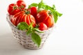 Assorted fresh ripe tomatoes and basil in basket. Healthy food concept. Clean eating