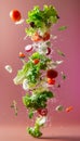 Assorted fresh salad ingredients arugula, lettuce, radish, and tomato on a vibrant pink background