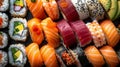 Assorted Fresh Sushi and Sashimi Platter Close-Up, Vibrant Japanese Cuisine Display Royalty Free Stock Photo