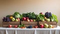 Assorted Fresh Vegetables and Fruits in Wooden Crates on White Table with Light Background