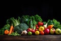 Assorted Fresh Vegetables on Table, A Colorful Array of Natures Bounty, Fresh fruits and vegetables arranged on a dark rustic Royalty Free Stock Photo