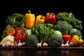 Assorted fresh vegetables tomatoes, carrots, lettuce, cabbage, peppers on black background