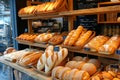 Assorted freshly baked bread on display at bakery shop Royalty Free Stock Photo