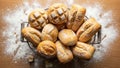 Assorted Freshly Baked Bread Rolls in Rustic Basket on Flour-Dusted Wood Royalty Free Stock Photo