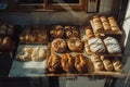 Assorted freshly baked bread, store counter. Bakery products, French style Royalty Free Stock Photo