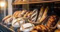 Assorted freshly baked breads displayed in a warm bakery setting Royalty Free Stock Photo