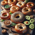 Assorted freshly baked healthy bagels displayed on a wooden board