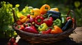 Assorted freshly harvested vegetables in woven basket, vibrant variety with warm natural light