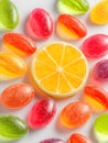Assorted fruit flavored hard candies surrounding a lemon slice on a white background surface Royalty Free Stock Photo
