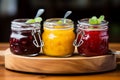 Assorted fruit jams, glass jars on wooden plate, held in closeup by woman