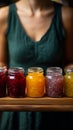 Assorted fruit jams, glass jars on wooden plate, held in closeup by woman