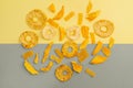 Assorted fruit jerky on yellow and gray background, top view Royalty Free Stock Photo