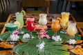 Assorted fruit juice of apple, strawberry, watermelon, passion fruit, mango, orange served in glass isolated on table side view of Royalty Free Stock Photo