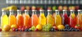 Assorted fruit juices in glass bottles with fresh fruits. Variety of juice flavors on wooden table. Concept of healthy Royalty Free Stock Photo