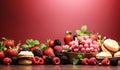 Assorted fruit and macarons on a table with a red background. AI generated