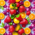 Assorted Fruit Mix : Oranges, Grapes, Strawberries, Berries, Currants, Strawberry Leaves, Mirabelle, Orange Slices Royalty Free Stock Photo