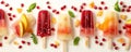 Assorted fruit popsicles with fresh ingredients on white background Royalty Free Stock Photo