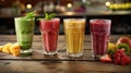 Assorted fruit smoothies in four tall glasses, decorated with slices of kiwi, strawberry, banana Royalty Free Stock Photo