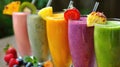 Assorted fruit smoothies with fresh garnishes Royalty Free Stock Photo