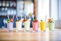assorted fruit smoothies lined up on a bright counter Royalty Free Stock Photo