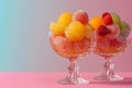 Assorted fruit sorbets in elegant crystal glasses on pink backdrop Royalty Free Stock Photo