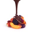 Assorted fruits and chocolate sauce pouring still life Royalty Free Stock Photo