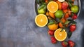 Assorted fruits. Different fruits on a gray background, the whole surface is covered with citrus fruits, pomegranates Royalty Free Stock Photo