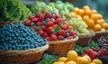 Assorted Fruits and Vegetables in Baskets, A Colorful Array of Fresh Produce Royalty Free Stock Photo