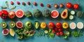 Assorted Fruits and Vegetables Displayed on Blue Surface healthy food concept flat-lay. Generative AI Royalty Free Stock Photo