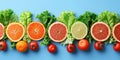 Assorted Fruits and Vegetables in a Line healthy food concept flat-lay. Generative AI Royalty Free Stock Photo