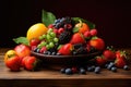 Assorted fruits on a wooden table on a black background