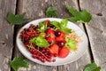 Assorted garden berries on a plate on wooden background Royalty Free Stock Photo