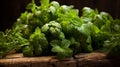 Assorted garden fresh herbs on wooden backdrop basil, parsley, cilantro canon eos rp, f4