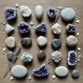 Assorted gemstones and pebbles are arranged Royalty Free Stock Photo