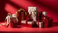 Assorted Gift Boxes with Bows on Red Background Royalty Free Stock Photo