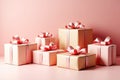 Assorted gift boxes with pink ribbons on pink background Royalty Free Stock Photo