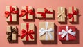 Assorted Gift Boxes with Ribbons on Pink Background: Perfect for Celebrations Royalty Free Stock Photo