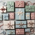 Assorted gift boxes with satin ribbons are arranged on a light wooden surface Royalty Free Stock Photo