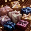 Assorted gift boxes with satin ribbons in various colors, including gold, pink, blue, and Royalty Free Stock Photo