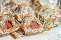 Assorted gingerbread hearts sold on Lithuanian spring fair in Vilnius, Lithuania