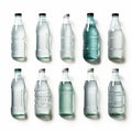 Assorted glass bottles filled with water in various shapes and sizes, isolated on white background Royalty Free Stock Photo