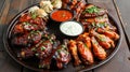 Assorted glazed barbecued chicken wings on a plate with sauces