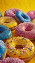 Assorted glazed donuts with colorful sprinkles on a yellow background Royalty Free Stock Photo