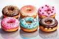 Assorted glazed donuts on a white background