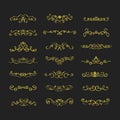 Assorted golden elegant line hand drawn swirl dividers icons design elements set on black Royalty Free Stock Photo