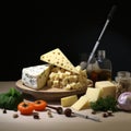 Assorted Gourmet Cheese Selection on Wooden Platter. A Delicacy for Culinary Enthusiasts.